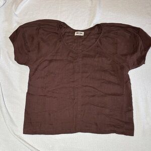 Becasa Brown V-Neck Top 100% Linen